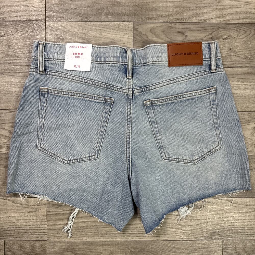 Lucky Brand 90s Midi Jean Shorts Frayed Hem Embroidery Light Wash sz 10/30 - Picture 6 of 7